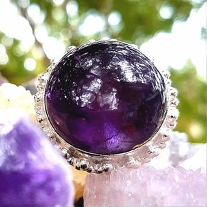 Large Circular Cabochon Smokey Amethyst 925 Ring